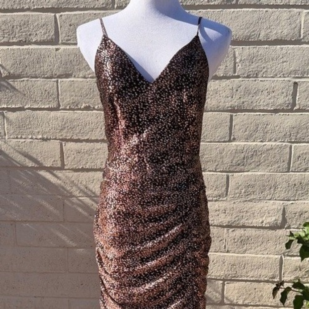 Soieblu Bronze Metallic Ruched High Low‎ Mermaid Gown Dress Womens Large L - Picture 4 of 9